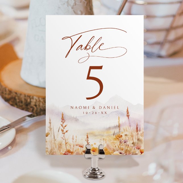Tarjeta De Mesa Fall Watercolor Wildflower Mountain Rustic Wedding (Fall Watercolor Wildflower Mountain Rustic Wedding Table Number)