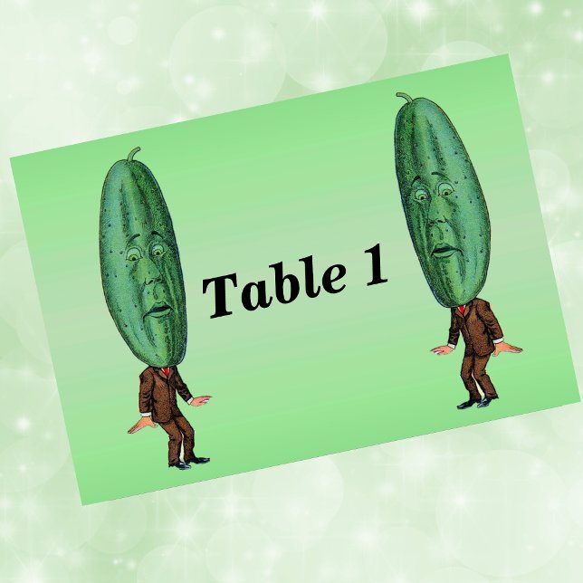 Tarjeta De Mesa Fantasy Pickle Man Brown Suite (Fun men in suit with green pickle heads with faces on light green event table number cards.)