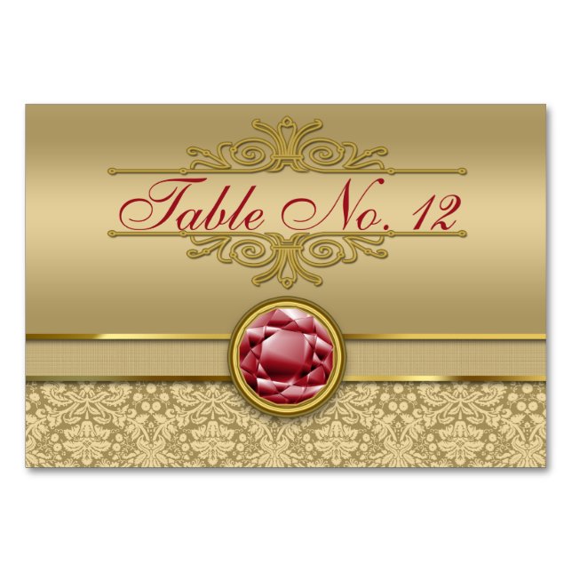 Tarjeta De Mesa Faux Dark Ruby Red Gemstone Metallic Gold Damask (Anverso)
