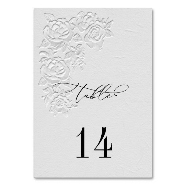 Tarjeta De Mesa Faux Embossed White Roses Wedding Table Numbers (Reverso)