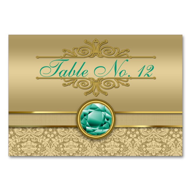 Tarjeta De Mesa Faux Emerald Green Gemstone Metallic Gold Damask (Anverso)