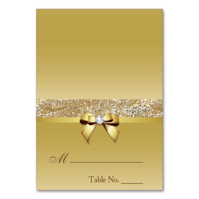 Tarjeta De Mesa Faux Gold Sequins Diamond Bow Place Card (Anverso)
