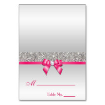 Faux Silver Sequings Hot Pink Bow Place Card
