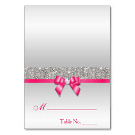Tarjeta De Mesa Faux Silver Sequings Hot Pink Bow Place Card