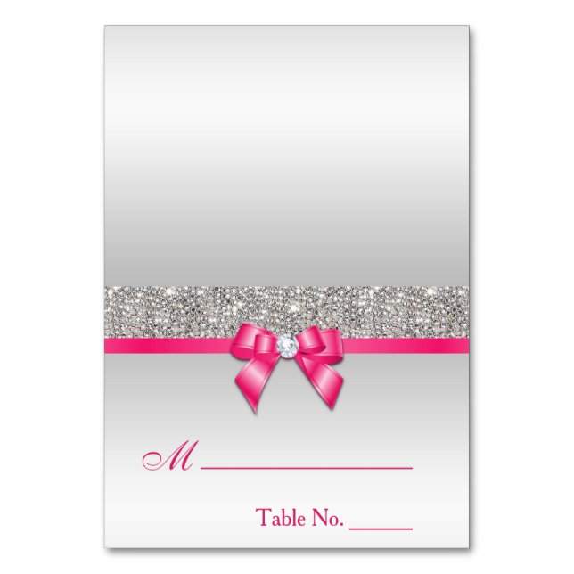 Tarjeta De Mesa Faux Silver Sequings Hot Pink Bow Place Card (Anverso)