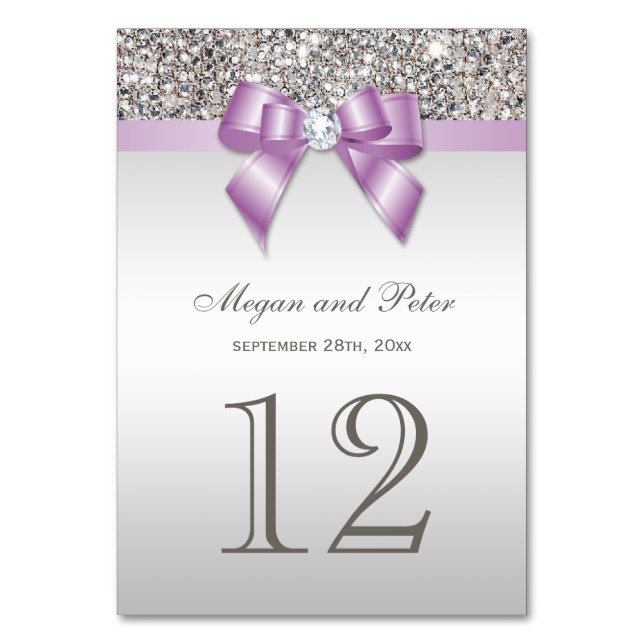 Tarjeta De Mesa Faux Silver Sequins Lilac Bow Boda (Anverso)