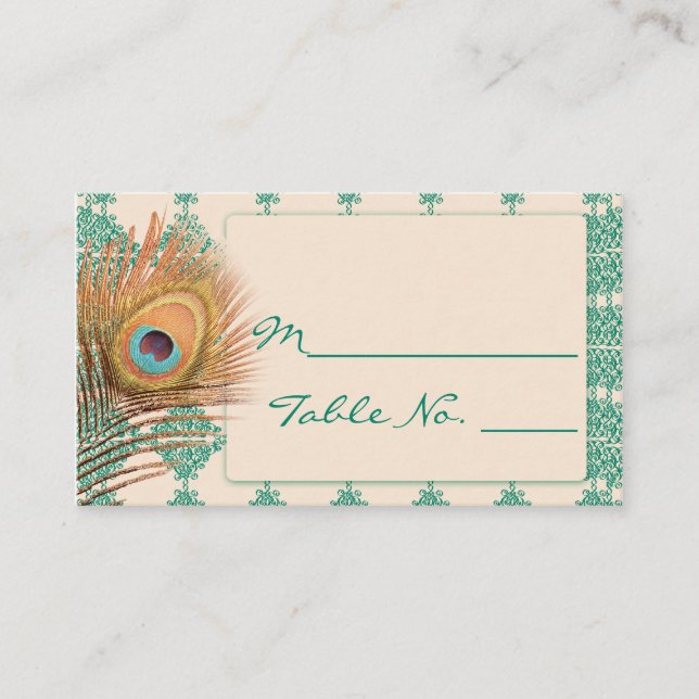 Tarjeta De Mesa Feather de pavo real sobre la Verde azulada tarjet (Anverso)