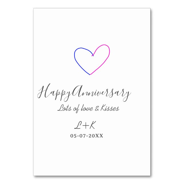 Tarjeta De Mesa Felicidades aniversario rosa corazón azul nombre f (Anverso)