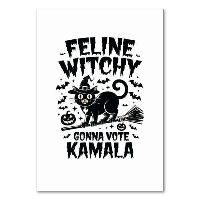 Tarjeta De Mesa Feline Witchen votará Kamala Halloween (Anverso)