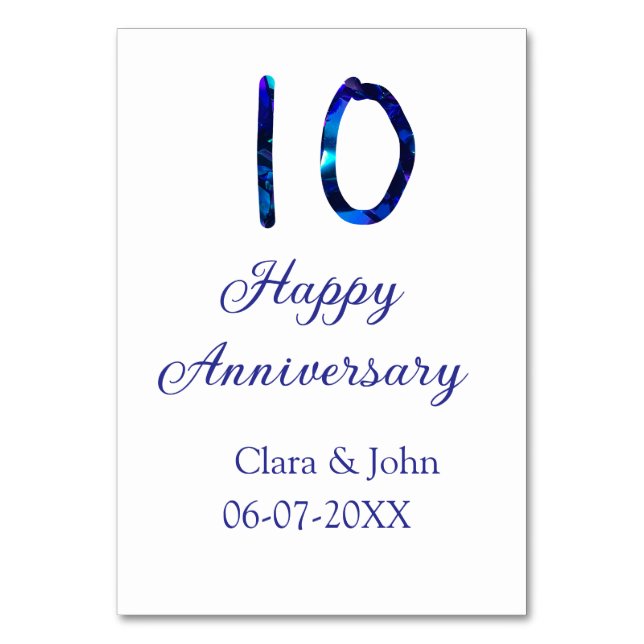 Tarjeta De Mesa Feliz 10º aniversario brillo azul añadir nombre fe (Anverso)