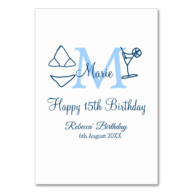 Tarjeta De Mesa Feliz 15 cumpleaños azul añadir nombre monograma b (Anverso)