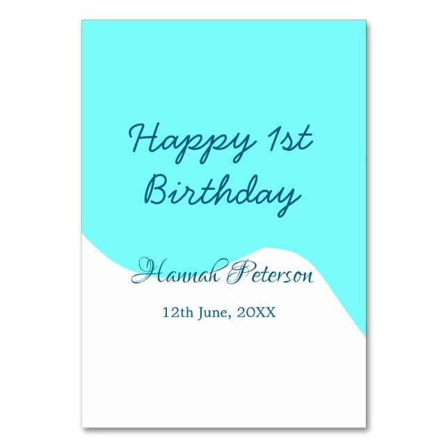 Tarjeta De Mesa Feliz 1er cumpleaños azul wavy retro boho fecha (Anverso)