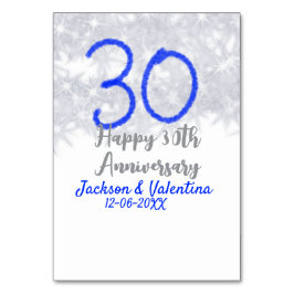 Tarjeta De Mesa Feliz 30 aniversario boda purpurina azul plateado