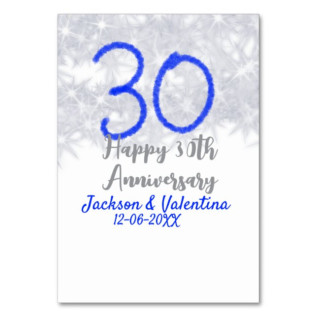 Tarjeta De Mesa Feliz 30 aniversario boda purpurina azul plateado (Anverso)