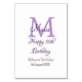 Tarjeta De Mesa Feliz día 16 púrpura agregar nombre monograma mode