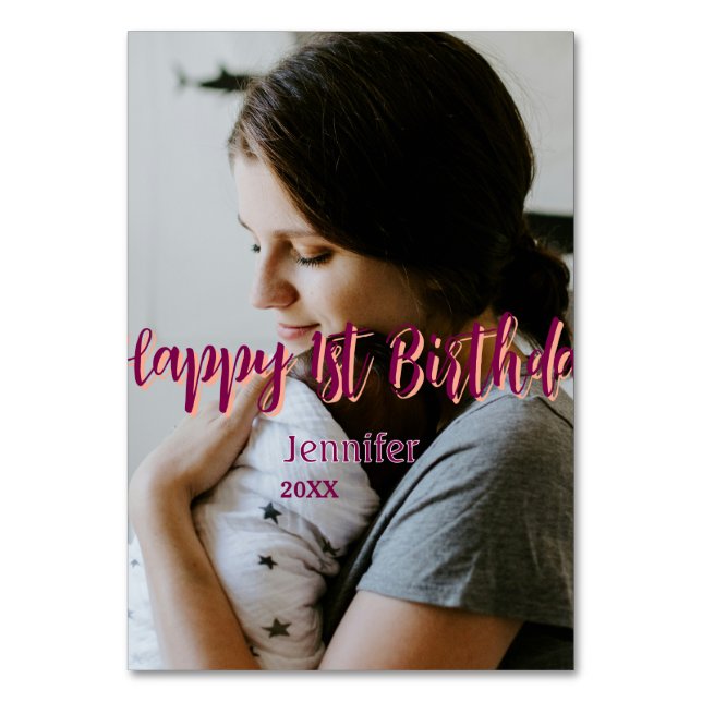 Tarjeta De Mesa Feliz primer cumpleaños niños bebé madre naranja r (Anverso)