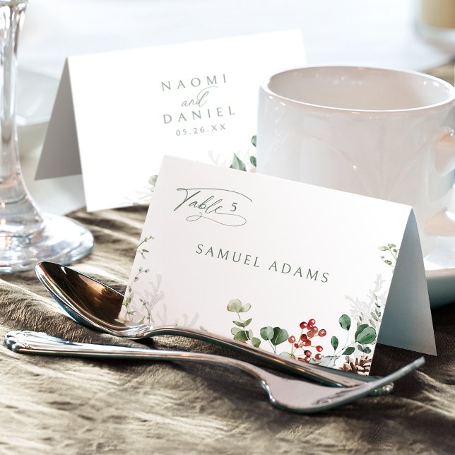 Tarjeta De Mesa Festive Floral Winter Wedding Foldable Place Card (Festive Floral Winter Wedding Foldable Place Card)