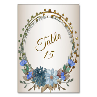 Tarjeta De Mesa Fiesta de Boda Azul Floral Dorado Geométrico Vinta
