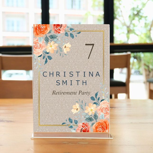 Tarjeta De Mesa Fiesta de Jubilación de Acuarela Floral Terrestre  (Neutral Earthy Floral Watercolor Retirement Party Table Number)