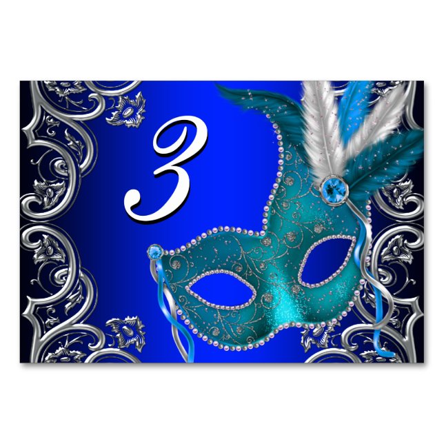 Tarjeta De Mesa Fiesta de la Mascarada Azul Real (Anverso)