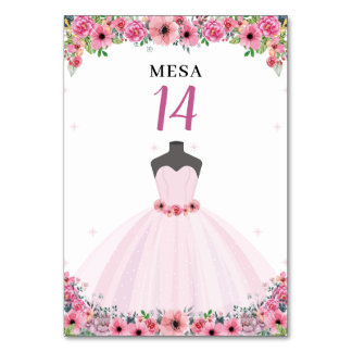 Tarjeta De Mesa Fiesta De Vestido Quinceanera Floral Rosa