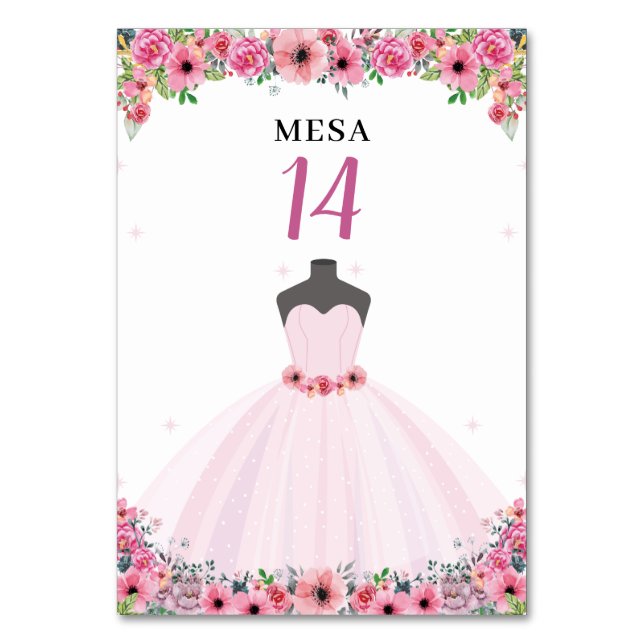 Tarjeta De Mesa Fiesta De Vestido Quinceanera Floral Rosa (Anverso)