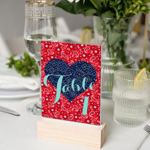 Tarjeta De Mesa Fiesta kitsch de casamiento en el campo rojo y azu