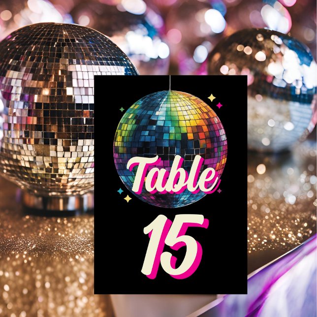 Tarjeta De Mesa Fiesta Retro de los 70 Bola de Discoteca Brillo Gl (Angled view retro 70s disco ball wedding dance themed wedding vintage glam festive Table Number)