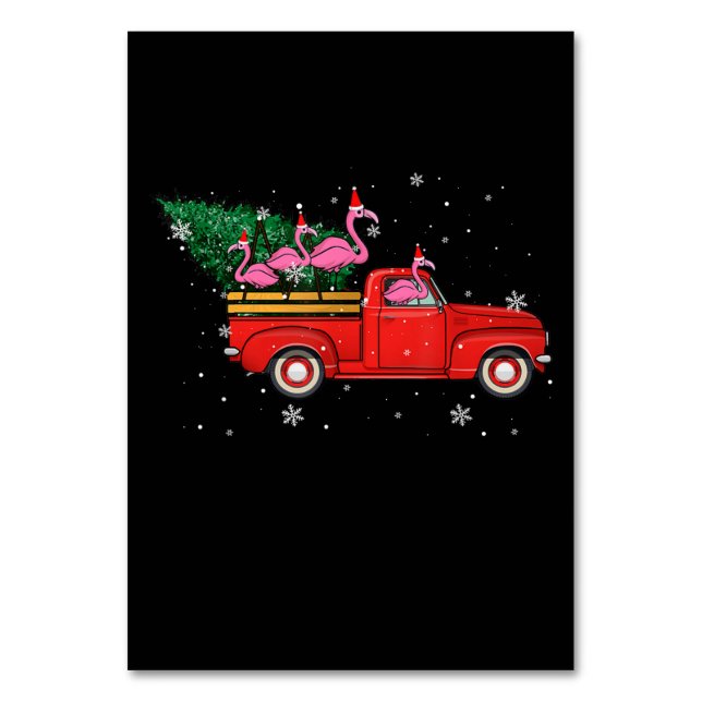 Tarjeta De Mesa Flamingo Riding Red Truck Xmas Santa Hat Navidades (Anverso)