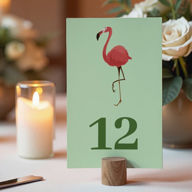 Tarjeta De Mesa Flamingo Tropics Coastal Green Beach Wedding (Subido por el creador)