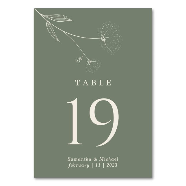 Tarjeta De Mesa Flor de Algodón Verde Salvia Boda (Anverso)