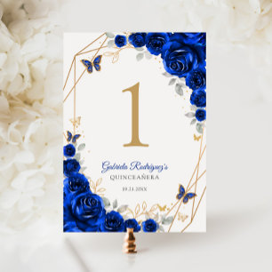 Tarjeta De Mesa Flor de oro azul real Quinceanera