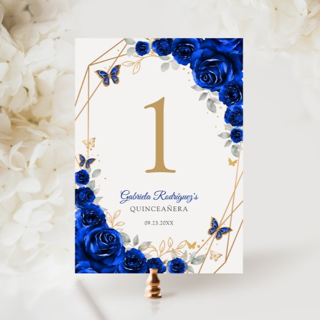 Tarjeta De Mesa Flor de oro azul real Quinceanera (Subido por el creador)