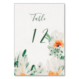 Tarjeta De Mesa Floral acuarela verde bosque, naranja, blanco