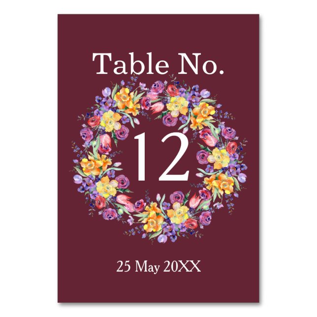 Tarjeta De Mesa Floral acuarela Wreath Burgung número de tabla (Anverso)