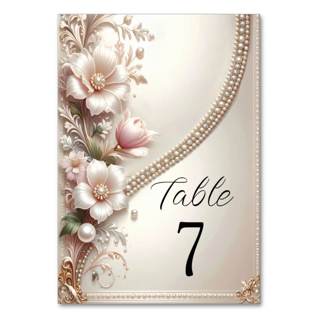 Tarjeta De Mesa Floral and Pearl Embellishments Table Number (Anverso)