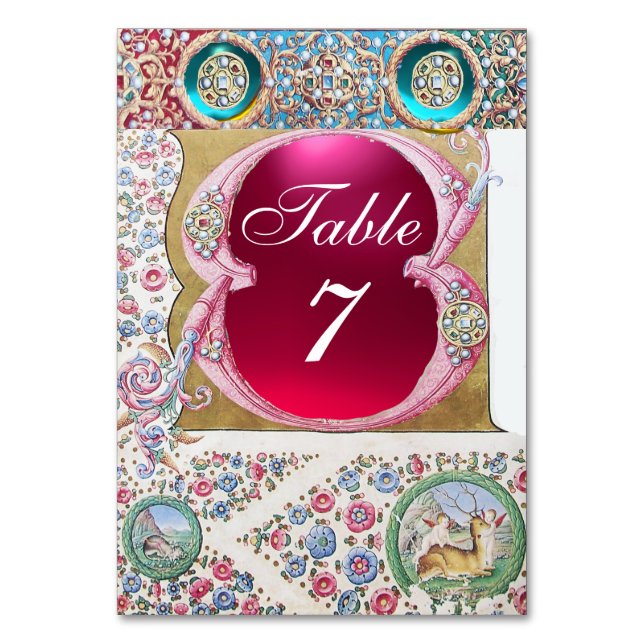 TARJETA DE MESA FLORAL ANTIGUA DE ROSA AZUL, GEMSTONES FUCHSIA, PE (Reverso)