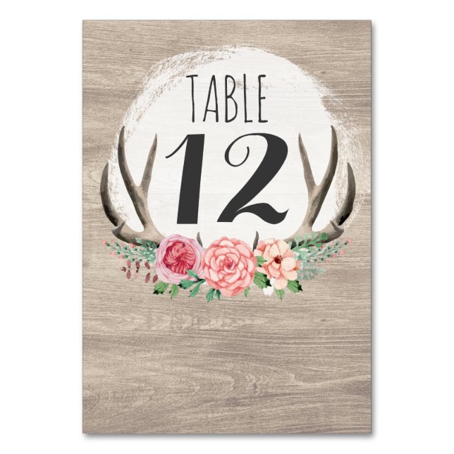 Tarjeta De Mesa Floral Antlers Boda Rustic Wood personalizada (Anverso)