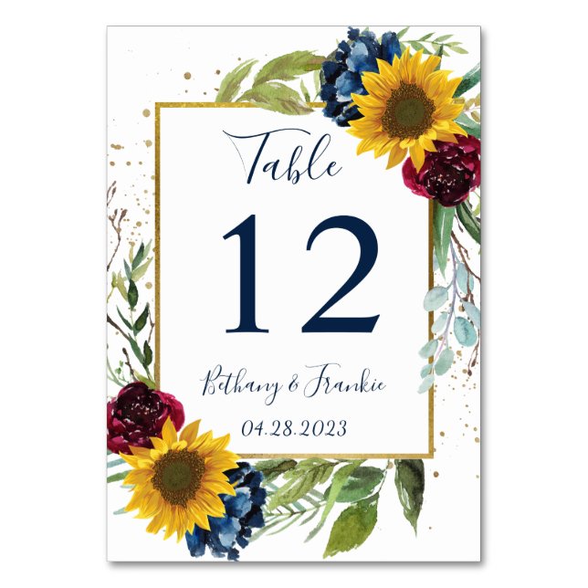 Tarjeta De Mesa Floral azul de la Marina Borgoña del Girasol (Anverso)