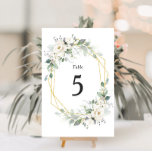 Tarjeta De Mesa Floral blanca geométrica dorada de boda número de<br><div class="desc">Un bonito diseño dorado y verde con flores de acuarela blancas pintadas. El texto y los colores de esta tarjeta se pueden personalizar.</div>