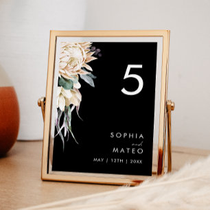 Tarjeta De Mesa Floral blanca Número de tabla negra