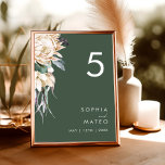 Tarjeta De Mesa Floral blanca | Número de tabla verde oscuro<br><div class="desc">Diseñamos esta Floral blanca | Número de la mesa verde oscuro para completar su boda tropical oscuro y rústico. Con su vegetación bohemia acuática y sus modernas flores bohemias de invierno, como protea, dahlia y loto seco, el diseño seguro que desprenderá su temática verde y blanca minimalista. Cambie el texto...</div>
