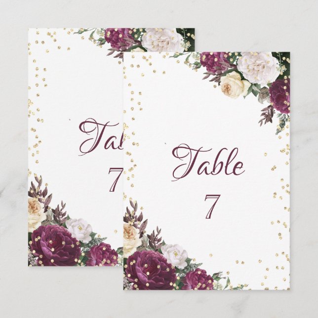Tarjeta de mesa floral borgoña diamantes dorados (Anverso / Reverso)