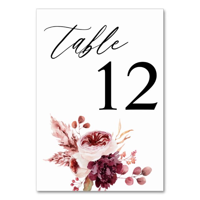 Tarjeta De Mesa Floral borgoña y rosa 8B Número de tabla (Anverso)