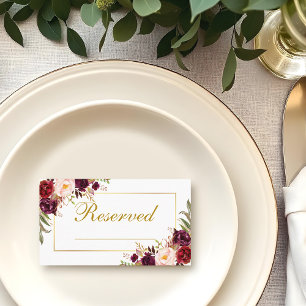 Tarjeta De Mesa Floral Burgundy Gold Boda Nombre de escritura rese