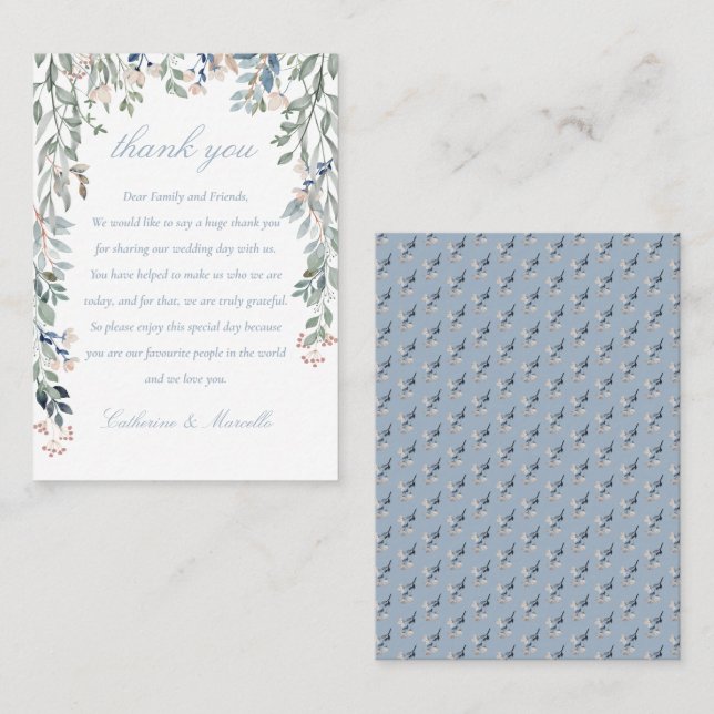 Tarjeta De Mesa Floral Cascade Dusty Blue Boda Gracias (Anverso / Reverso)