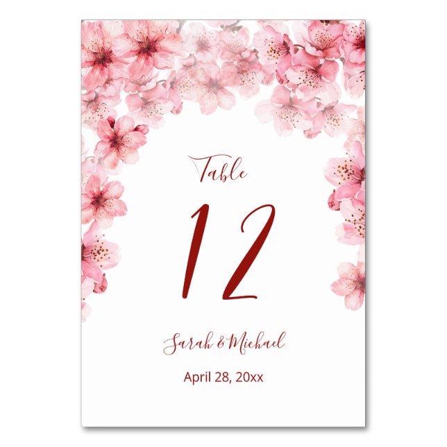 Tarjeta De Mesa Floral Cherry Blossoms Pink White Wedding   (Anverso)
