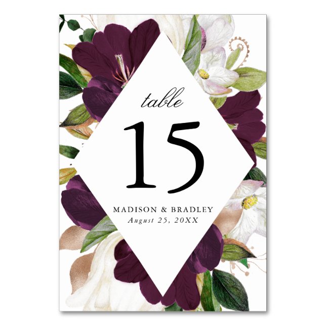Tarjeta De Mesa Floral Ciruela Oscura | Boda Personalizada (Anverso)