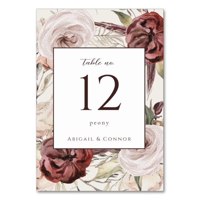 Tarjeta De Mesa Floral Cremosa Marsala Boho Rústico (Anverso)