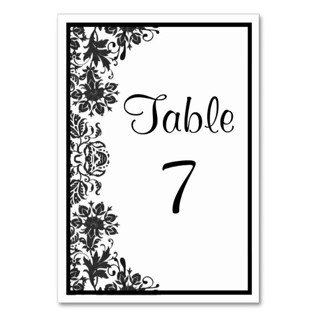 Tarjeta De Mesa Floral damasco negro y blanco | Boda personalizada (Anverso)